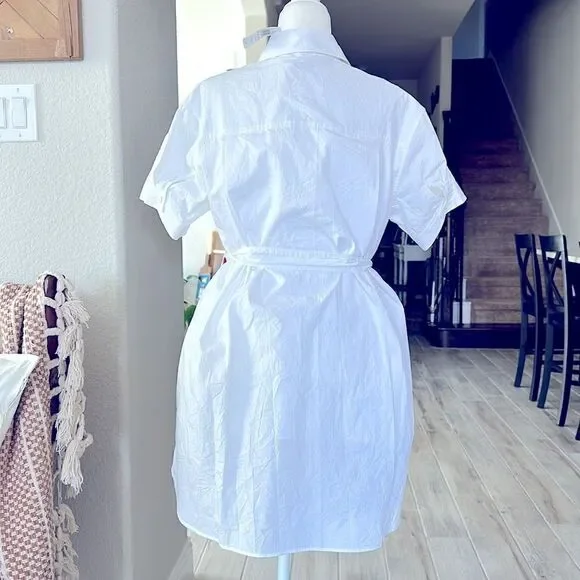 NWT Coach Wrinkled Button Down Dress White Short Sleeve Cotton Tie Pockets Mini - Picture 10 of 13